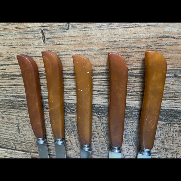 Robeson Steak Knives Set 5 Catalin Bakelite Handles Stainless Blades Germany - Picture 4 of 14